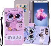 Leuke uil patroon gekleurde tekening horizontale lederen flip case voor Huawei P Smart / Enjoy 7S, met houder & kaartsleuven & portemonnee & lanyard