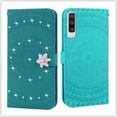 Voor Galaxy A70 Pressed Printing Sticking Drill Pattern Horizontal Flip PU Leather Case met houder & kaartsleuven & portemonnee & & lanyard (grasgroen)