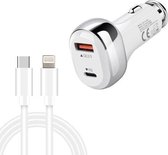 YSY-312PD QC3.0 18W USB + PD 20W USB-C / Type-C autolader met Type-C naar 8-pins datakabel (wit)