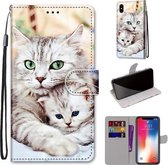 Gekleurde tekening Cross Texture Horizontale Flip PU lederen tas met houder & kaartsleuven & portemonnee & lanyard voor iPhone XS / X (Big Cat Holding Kitten)