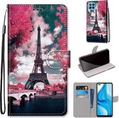 Voor OPPO F17 Pro / A93 4G / Reno4 Lite / Reno4 F Gekleurde tekening Cross Texture Horizontale flip PU lederen tas met houder & kaartsleuven & portemonnee & lanyard (Pink Flower Tower Bridge)