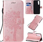 Voor OPPO Reno 6 Pro boom & kat patroon geperste print horizontale flip PU lederen tas met houder & kaartsleuven & portemonnee & koort (Rose Gold)