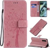 Voor OPPO Find X2 Tree & Cat Pattern Pressed Printing Horizontale Flip PU lederen tas met houder & kaartsleuven & portemonnee & lanyard (roze)