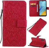 Voor Huawei Enjoy 10e Geperst Afdrukken Zonnebloempatroon Horizontale Flip PU-lederen Case met Houder & Kaartsleuven & Portemonnee & Lanyard (Rood)