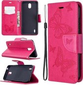 Voor Nokia 1.3 Two Butterflies Embossing Pattern Horizontale Flip Leather Case met Houder & Card Slot & Portemonnee & Lanyard (Rose Red)
