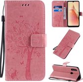 Voor OPPO A8 / A31 (2020) Boom & Kat Patroon Geperst Afdrukken Horizontale Flip PU Leren Case met Houder & Kaartsleuven & Portemonnee & Lanyard (Roze)