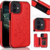 Vlinders Bloemen Dubbele gesp PU + TPU beschermhoes met houder & kaartsleuven en fotolijst voor iPhone 12 mini (rood)