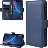 Voor iPhone XR dubbele gesp Crazy Horse zakelijke mobiele telefoon holster met kaarthouder beugelfunctie (blauw)