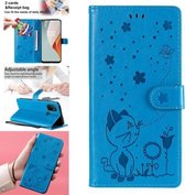 Voor OnePlus Nord N100 5G Cat Bee Embossing Pattern Schokbestendig horizontaal Flip lederen hoesje met houder & kaartsleuven & portemonnee (blauw)