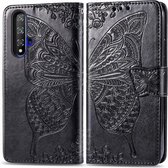 Butterfly Love Flowers Embossing Horizontale Flip Leather Case Voor Huawei Honor 20 met Houder & Kaartsleuven & Portemonnee & Lanyard (Zwart)