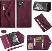 Voor iPhone 11 Pro Max Skin Feel Rits Horizontale Flip Leren Case met Houder & Kaartsleuven & Fotolijst & Lanyard & Lang Touw (Wijnrood)
