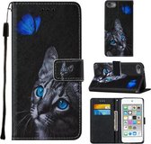 Voor iPod Touch 7/6/5 Cross Texture Painting Pattern Horizontale Flip Leather Case met Houder & Kaartsleuven & Portemonnee & Lanyard (Blue Butterfly Cats Eye)