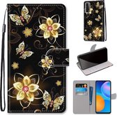 Voor Huawei P Smart 2021 / Y7a Gekleurde Tekening Cross Textuur Horizontale Flip PU Lederen Case met Houder & Kaartsleuven & Portemonnee & Lanyard (Gold Diamond Butterfly)