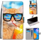 Voor Huawei P Smart 2021 / Y7a Gekleurde Tekening Cross Textuur Horizontale Flip PU Lederen Case met Houder & Kaartsleuven & Portemonnee & Lanyard (Kat Drinken Soda)