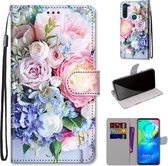 Voor Motorola Moto G8 Power Gekleurde Tekening Cross Textuur Horizontale Flip PU Leren Case met Houder & Kaartsleuven & Portemonnee & Lanyard (Lichtroze Boeket)