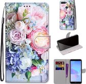 Voor Huawei Y6 (2018) / Honor 7A Gekleurde Tekening Cross Textuur Horizontale Flip PU Lederen Case met Houder & Kaartsleuven & Portemonnee & Lanyard (Lichtroze Boeket)