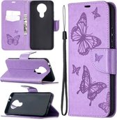 Voor Nokia 3.4 Two Butterflies Embossing Pattern Horizontale Flip lederen tas met houder & kaartsleuf & portemonnee & lanyard (paars)