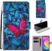 Voor Xiaomi Mi CC9e / A3 Gekleurde Tekening Cross Textuur Horizontale Flip PU Lederen Case met Houder & Kaartsleuven & Portemonnee & Lanyard (Blauw Rood Vlinder)