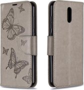 Voor Nokia 2.3 Two Butterflies Embossing Pattern Horizontale Flip Leather Case met houder & kaartsleuf & portemonnee & lanyard (grijs)
