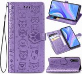 Voor Huawei Y8P / Enjoy 10s Mooie kat en hond reliëfpatroon Horizontale flip lederen tas, met houder & kaartsleuven & portemonnee & cartoon sluiting & lanyard (paars)