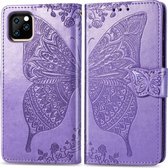 Butterfly Love Flowers Embossing Horizontale Flip Leather Case voor iPhone 11 Pro Max met houder & kaartsleuven & portemonnee & lanyard (lichtpaars)