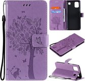 Voor LG K92 5G Tree & Cat Pattern Pressed Printing Horizontale Flip PU Leather Case met houder & kaartsleuven & portemonnee & Lanyard (lichtpaars)