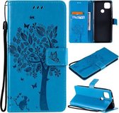 Voor Motorola Moto G9 Power Tree & Cat Pattern Pressed Printing Horizontale Flip PU lederen tas met houder & kaartsleuven & portemonnee & lanyard (blauw)