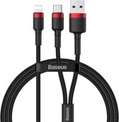 Baseus CATKLF-EL91 Cafule 2 in 1 PD 8-pins naar USB + USB-C / Type-C Snel opladen + datatransmissie Nylon gevlochten datakabel, lengte: 1,2 m (rood zwart)