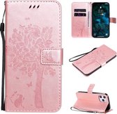 Voor iPhone 12 Pro Max Boom & Kat Reliëfpatroon Horizontale Flip Leren Case met Houder & Kaartsleuven & Portemonnee & Lanyard (Rose Goud)