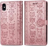 Voor iPhone XS Max Leuke kat en hond reliëf horizontale flip PU lederen tas met houder / kaartsleuf / portemonnee / lanyard (rose goud)