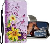 Gekleurde tekening patroon horizontale flip lederen tas met houder & kaartsleuven & portemonnee voor iPhone 12 mini (gele bloem vlinder)