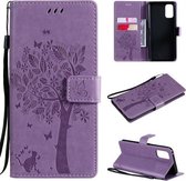 Voor OPPO Realme 7 Pro Tree & Cat Pattern Pressed Printing Horizontale Flip PU lederen tas met houder & kaartsleuven & portemonnee & lanyard (lichtpaars)