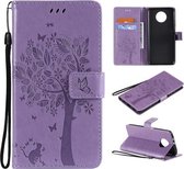 Voor Xiaomi Redmi Note 9 5G Tree & Cat Pattern Pressed Printing Horizontale Flip PU lederen tas met houder & kaartsleuven & portemonnee & lanyard (lichtpaars)