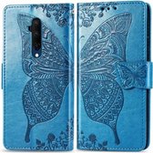 Voor One Plus 7T Pro Butterfly Love Flower Reliëf Horizontale Flip Leren Case met Beugel Lanyard Kaartsleuf Portemonnee (Blauw)