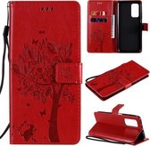 Voor Xiaomi Mi 10T / 10T Pro Tree & Cat Pattern Pressed Printing Horizontale flip PU lederen tas met houder & kaartsleuven & portemonnee & lanyard (rood)