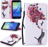 Voor Huawei P10 Lite Gekleurd tekeningpatroon Horizontaal Flip TPU + PU lederen hoesje met houder & kaartsleuven & portemonnee & lanyard (kat en vlinders)