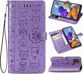 Voor Samsung Galaxy A21s Lovely Cat and Dog Embossing Pattern Horizontale Flip Leather Case, met houder & kaartsleuven & portemonnee & Cartoon sluiting & Lanyard (paars)