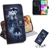 Voor Galaxy A41 Gekleurde tekening Horizontale flip lederen tas met houder & kaartsleuf & portemonnee (Wolf en hond)