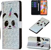 Voor Galaxy M11 - Leren hoesje met glitterpatroon met links en rechts met beugel en kaartsleuf en portemonnee en draagkoord (Panda)