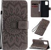 Voor Galaxy A91 / M80S / S10 Lite Geperst afdrukken Zonnebloempatroon Horizontale flip PU lederen tas met houder & kaartsleuven & portemonnee & lanyard (grijs)