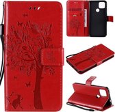 Voor Google Pixel 4a 5G / Pixel 5 XL Boom & Kat Reliëfpatroon Horizontale Flip Leren Case met Houder & Kaartsleuven & Portemonnee & Lanyard (Rood)