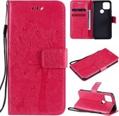 Voor Google Pixel 5 Boom & Kat Reliëfpatroon Horizontale Flip Leren Case met Houder & Kaartsleuven & Portemonnee & Lanyard (Rose Rood)