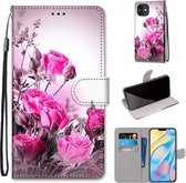 Gekleurde tekening Cross Texture Horizontale Flip PU lederen tas met houder & kaartsleuven & portemonnee & lanyard voor iPhone 12 mini (Wild Rose)