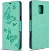 Voor Xiaomi Redmi Note 9S / Note 9 Pro / Note 9 Pro Max Twee vlinders reliëfpatroon Horizontale flip lederen hoes met houder & kaartsleuf & portemonnee & lanyard (groen)