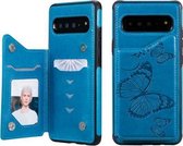 Voor Galaxy S10 5G vlinder reliëfpatroon schokbestendig beschermhoes met houder & kaartsleuven en fotolijst (blauw)