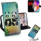 Gekleurde tekening patroon Kleurrijke magnetische gesp Horizontale flip PU lederen tas met houder & kaartsleuven & portemonnee & lanyard voor Galaxy A70 (twee panda's)