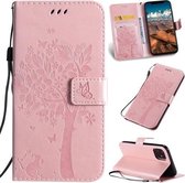 Tree & Cat Pattern Pressed Printing Horizontale Flip PU lederen tas met houder & kaartsleuven & portemonnee & lanyard voor iPhone 11 Pro Max (Rose Gold)