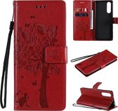 Voor Sony Xperia5 II Boom & Kat Patroon Geperst Afdrukken Horizontale Flip PU Leren Case met Houder & Kaartsleuven & Portemonnee & Lanyard (Rood)