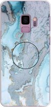 Voor Galaxy S9 reliëf gelakt marmer TPU beschermhoes met houder (zilverblauw)