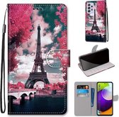 Voor Samsung Galaxy A52 5G Gekleurde Tekening Cross Textuur Horizontale Flip PU Lederen Case met Houder & Kaartsleuven & Portemonnee & Lanyard (Pink Flower Tower Bridge)